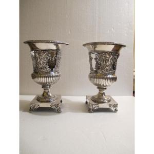 Pair Of Silver-plated Medici Vases, 19th Century