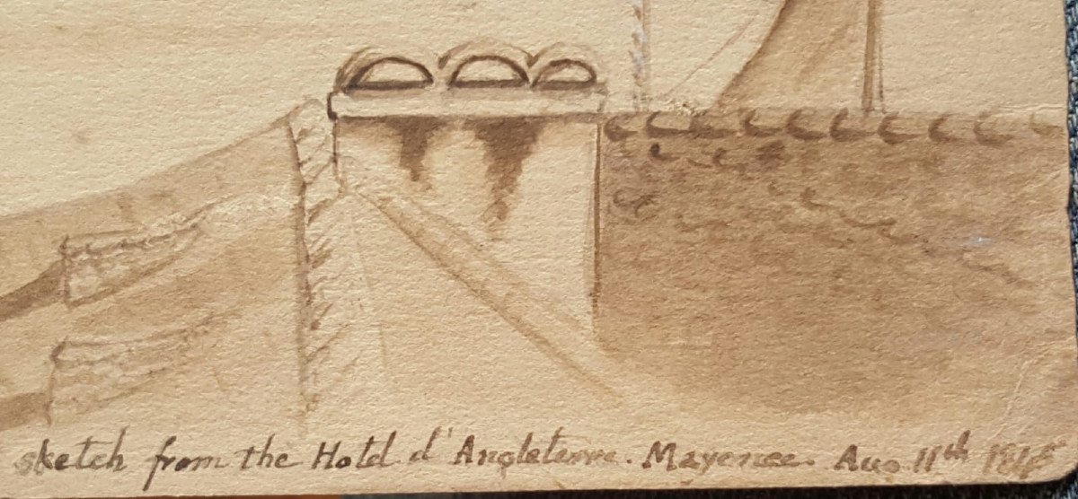 Vue de Mayence et du Schiffbrucke En 1845. Dessin Aquarellé.-photo-2