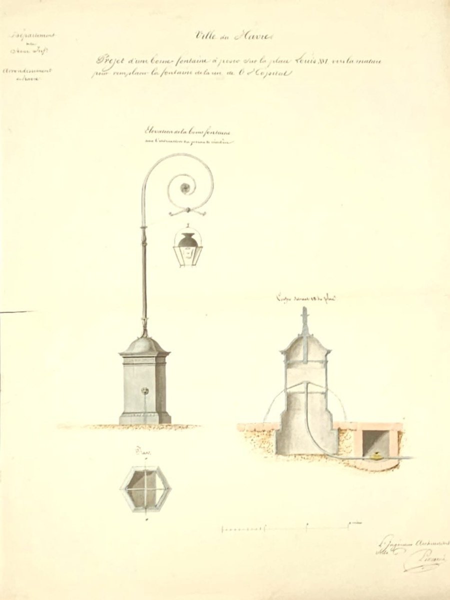 Project For A Fountain For The City Of Le Havre By The Architect Lemarni, 19th Century