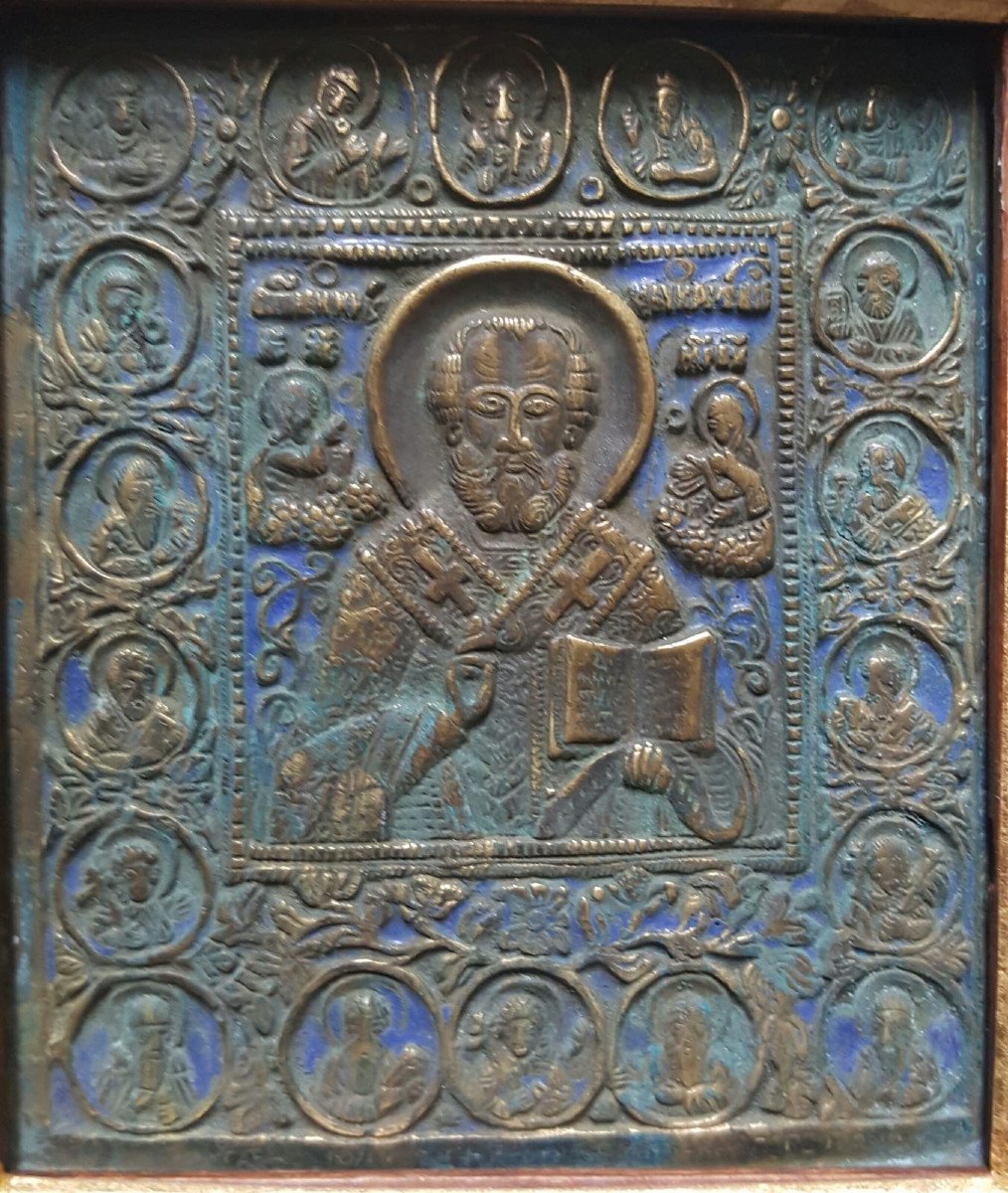 Russian Enameled Bronze Icon Of St Nicholas, 20th Century-photo-2