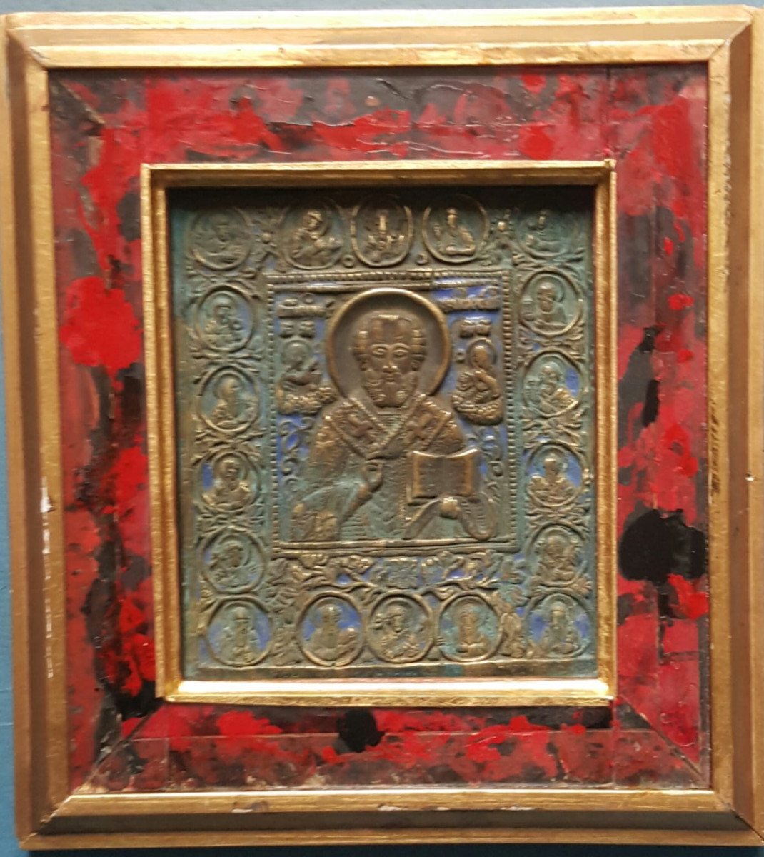 Russian Enameled Bronze Icon Of St Nicholas, 20th Century