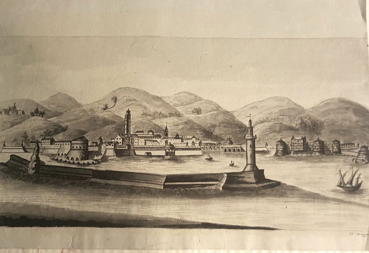 Le phare de Santa Lucia du port de Naples, lavis d'encre de 1805