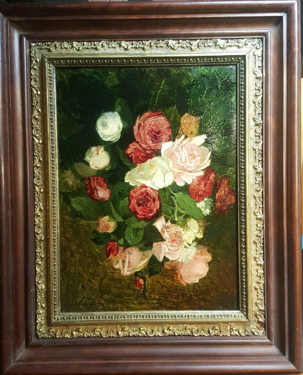 Rose, Oil On Wood By Jean-louis Auguste Laudy