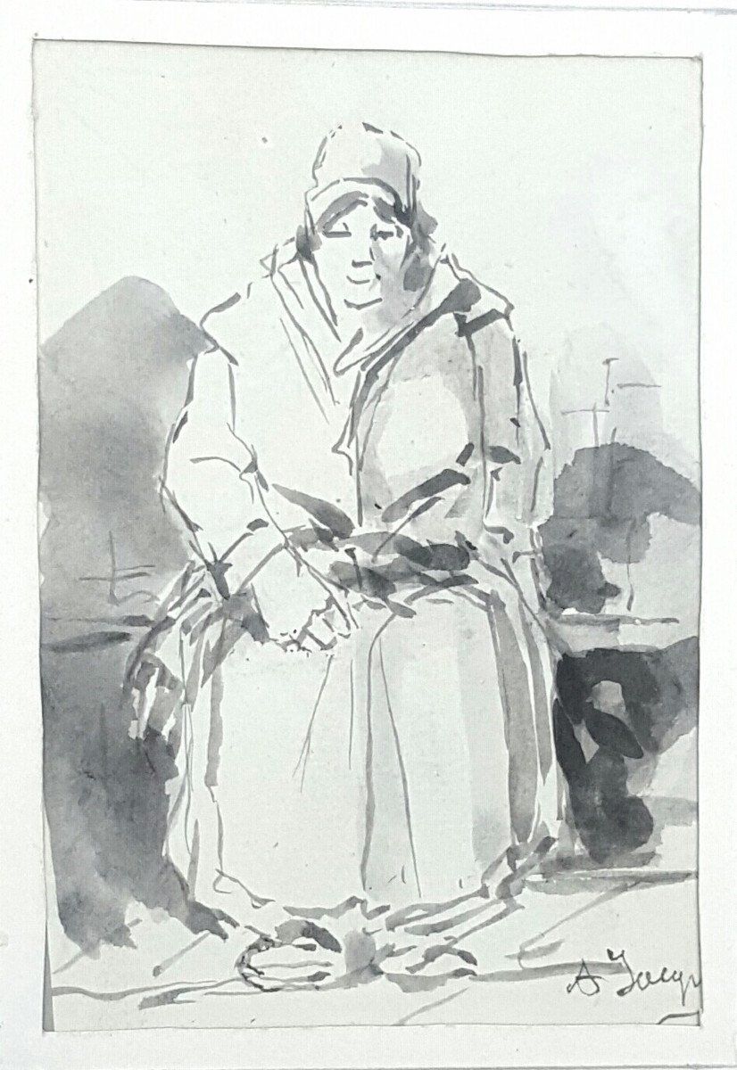 Seated Peasant Woman, Ink Wash By Georges Arthur Jacquin