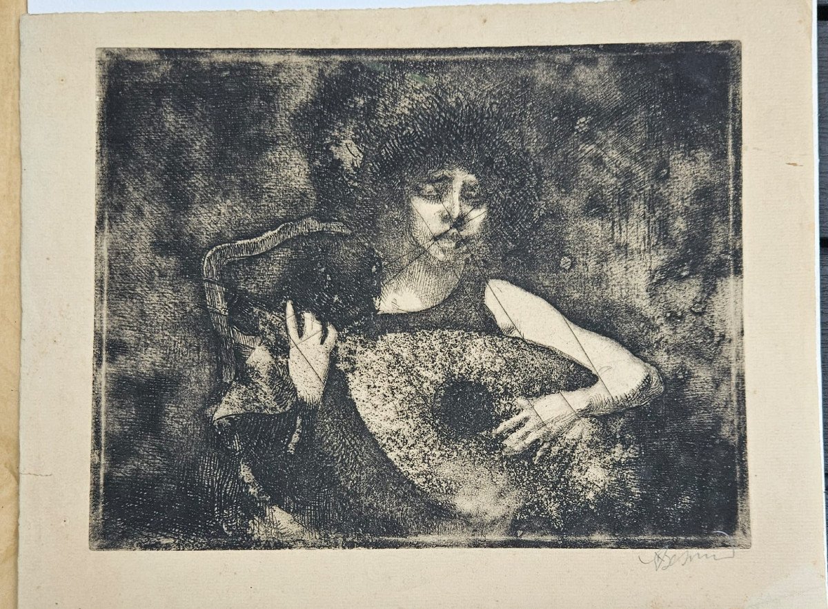 La joueuse de luth, gravure d'Albert Besnard, 1922