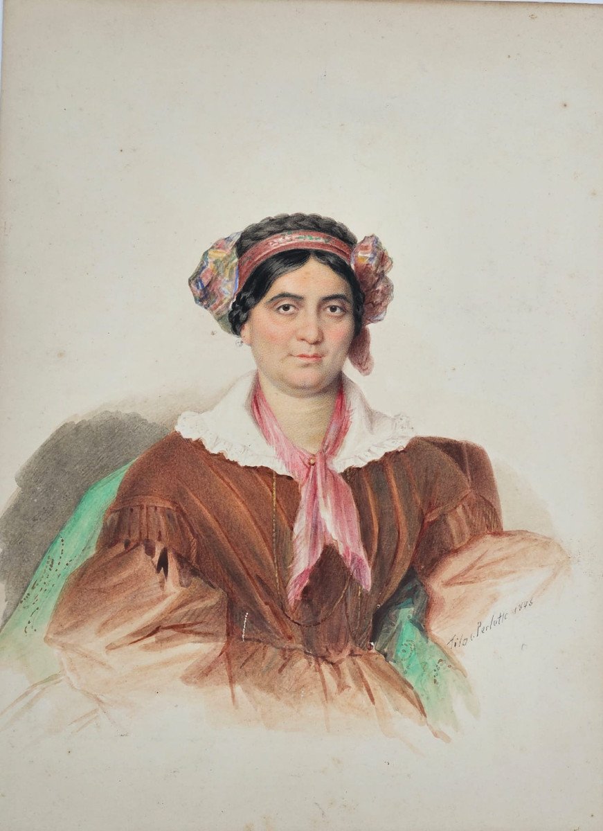 Portrait Of A Woman, Watercolor By Tito Perlotto, 1843