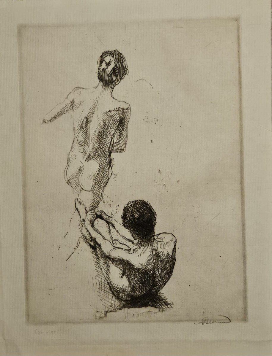 Deux jeunes gens nus vus de dos (étude pour l'île heureuse), gravure d'Albert Besnard, 1899