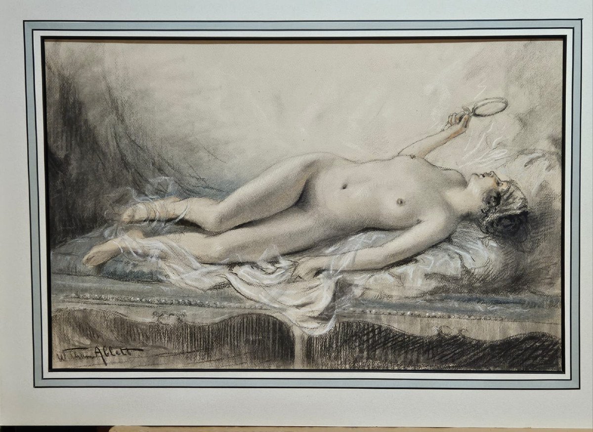 Nude In The Mirror, Charcoal And Colored Chalk Drawing By William Ablett.