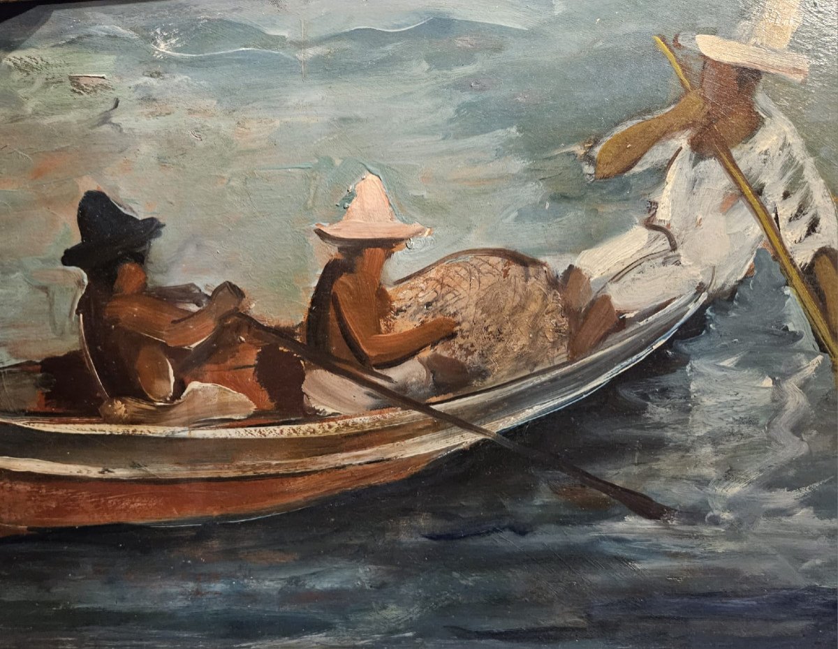 Fishermen In Martinique, Oil On Cardboard By Léopold Reigner, 1935-photo-2