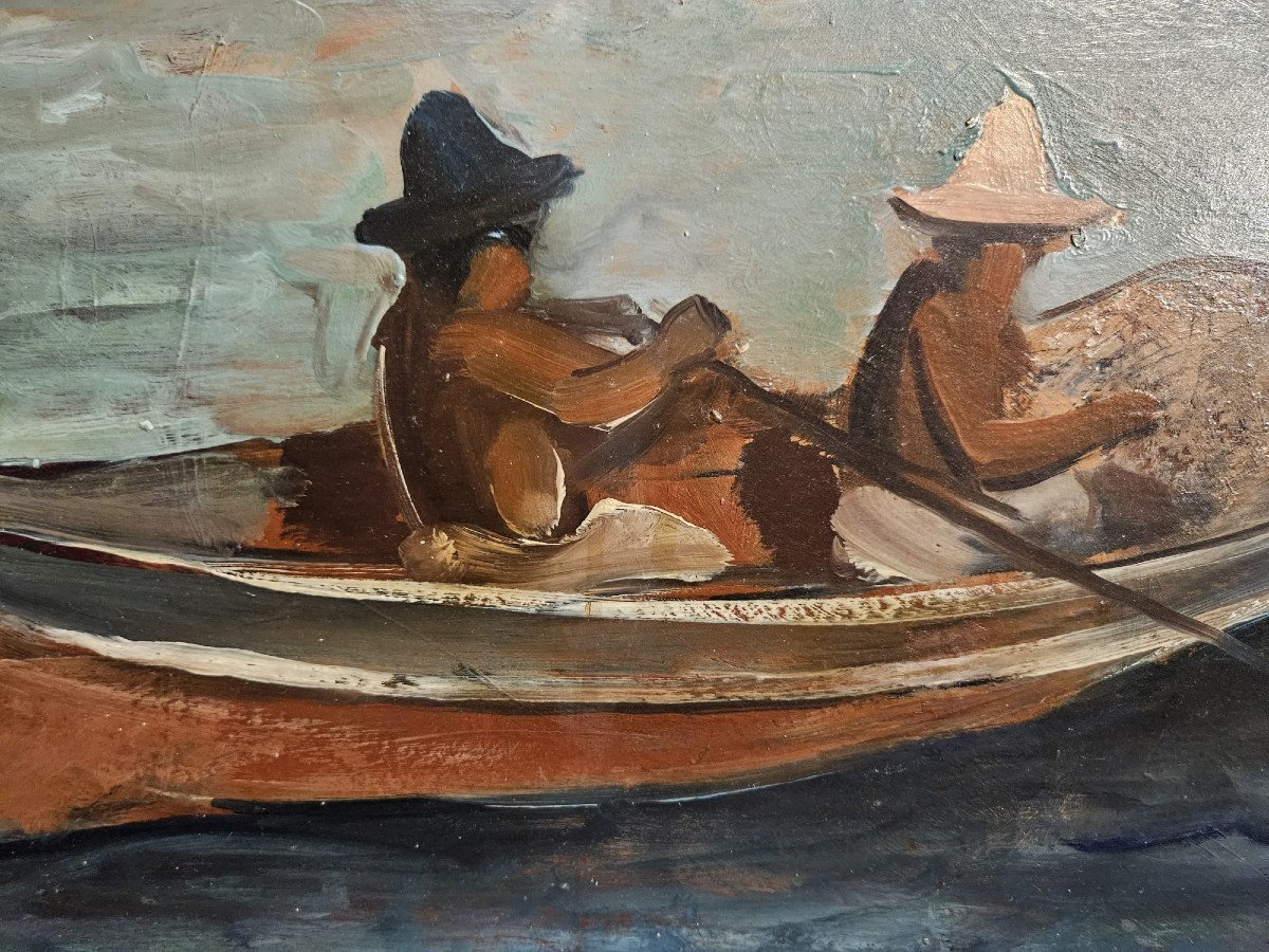 Fishermen In Martinique, Oil On Cardboard By Léopold Reigner, 1935-photo-1