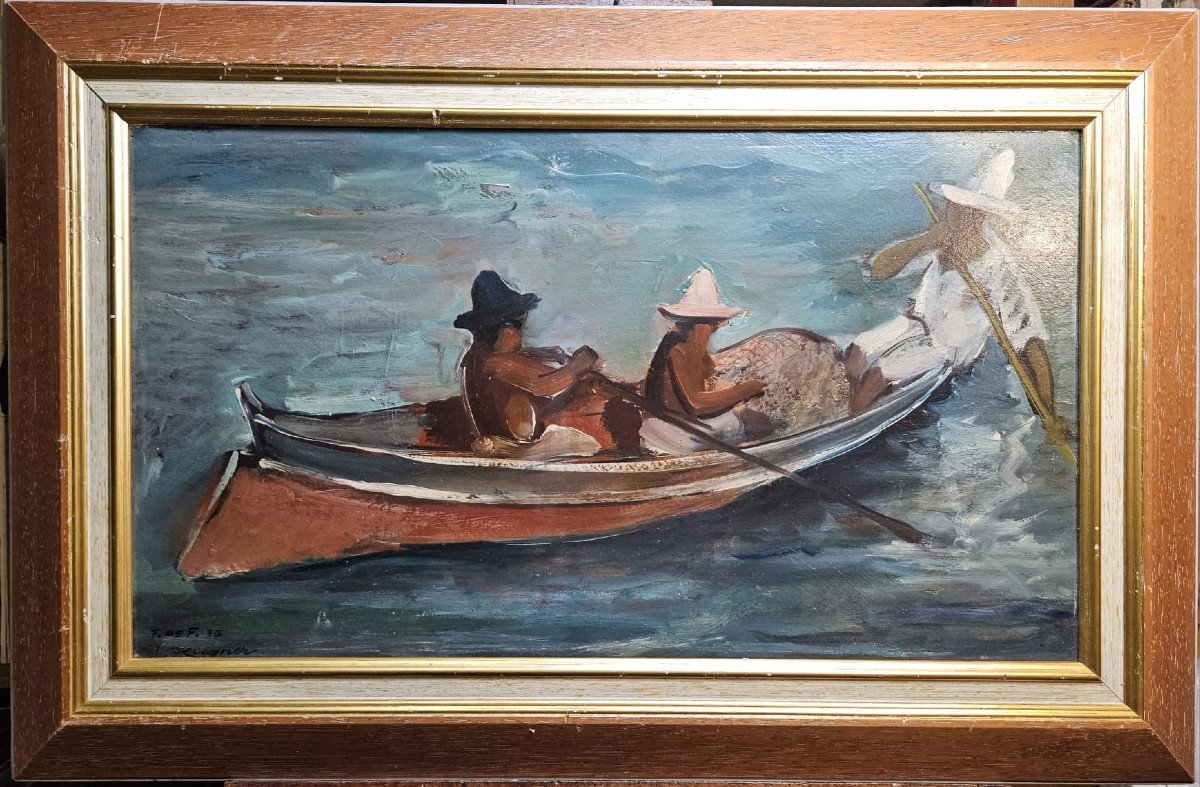 Fishermen In Martinique, Oil On Cardboard By Léopold Reigner, 1935