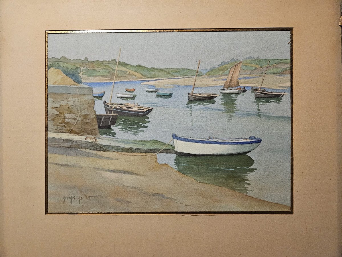 Barques au mouillage dans un port Breton, Georges Grellet, gouache-photo-2