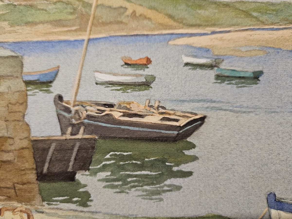 Barques au mouillage dans un port Breton, Georges Grellet, gouache-photo-4