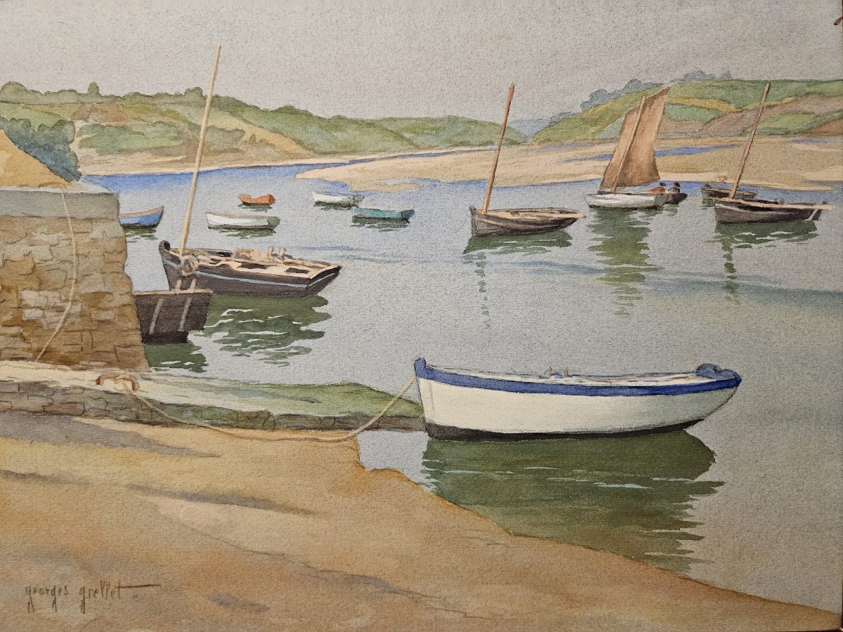 Barques au mouillage dans un port Breton, Georges Grellet, gouache