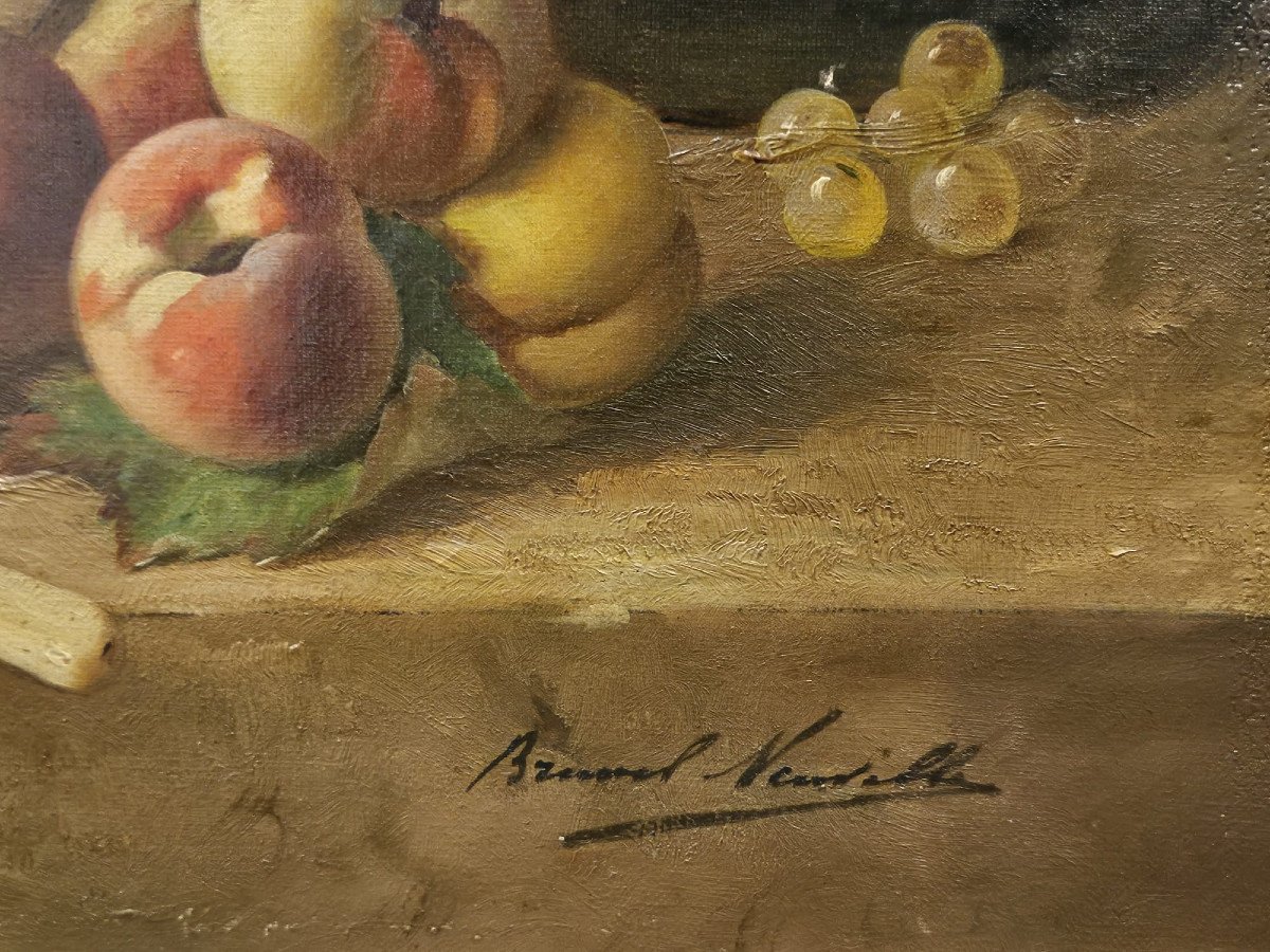 Nature morte aux pêches et aux raisins, huile sur toile de Brunel-Neuville-photo-2