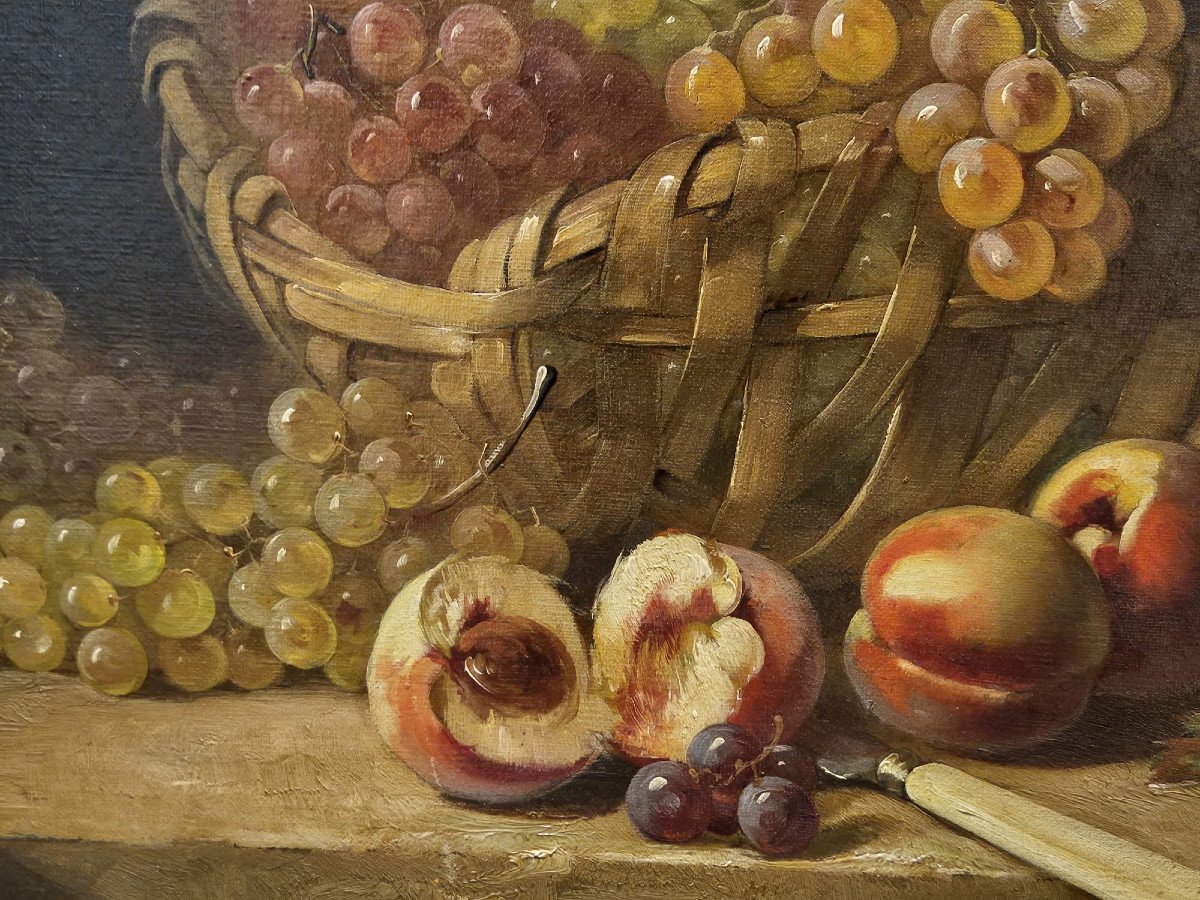 Nature morte aux pêches et aux raisins, huile sur toile de Brunel-Neuville-photo-3