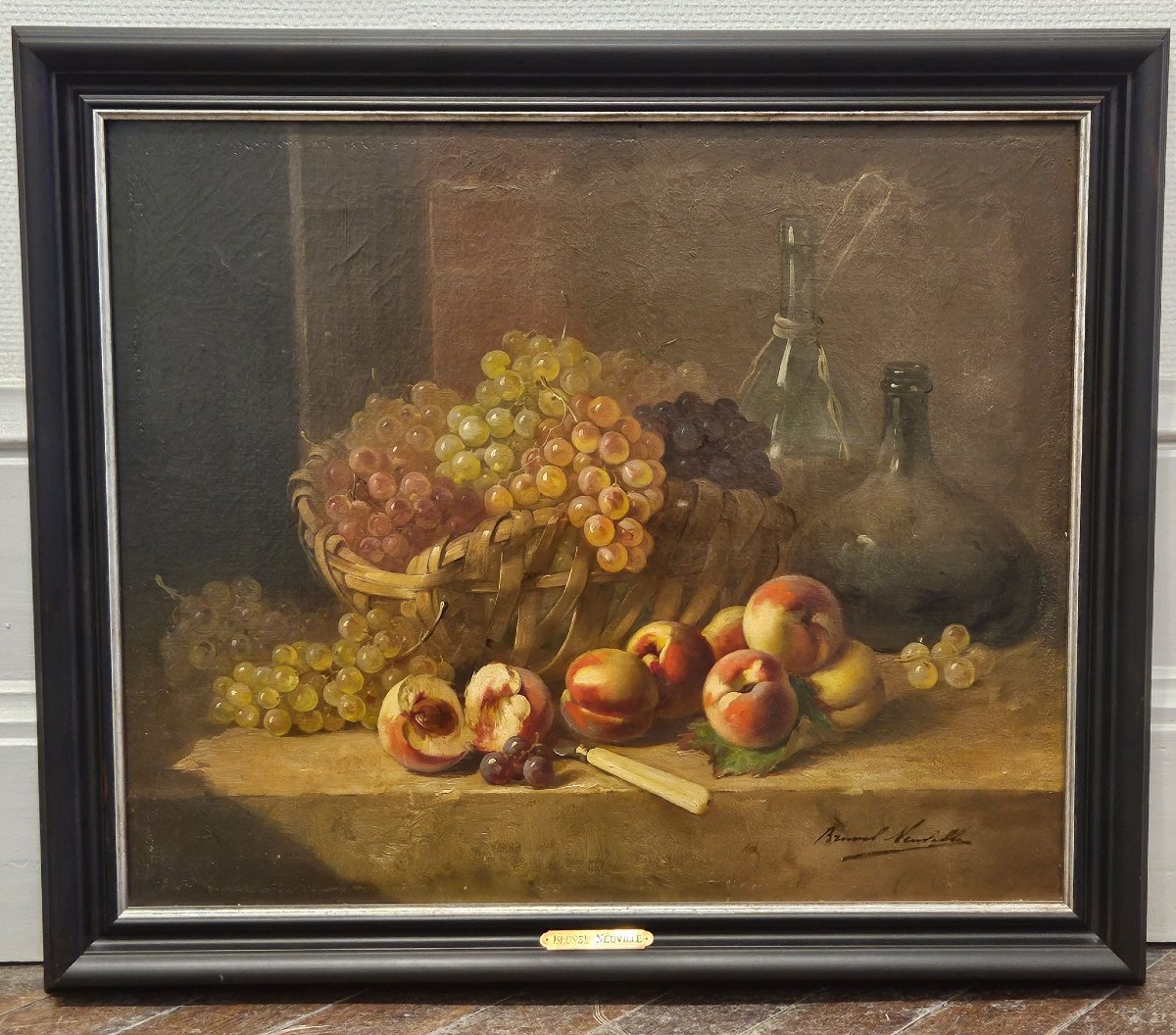 Nature morte aux pêches et aux raisins, huile sur toile de Brunel-Neuville