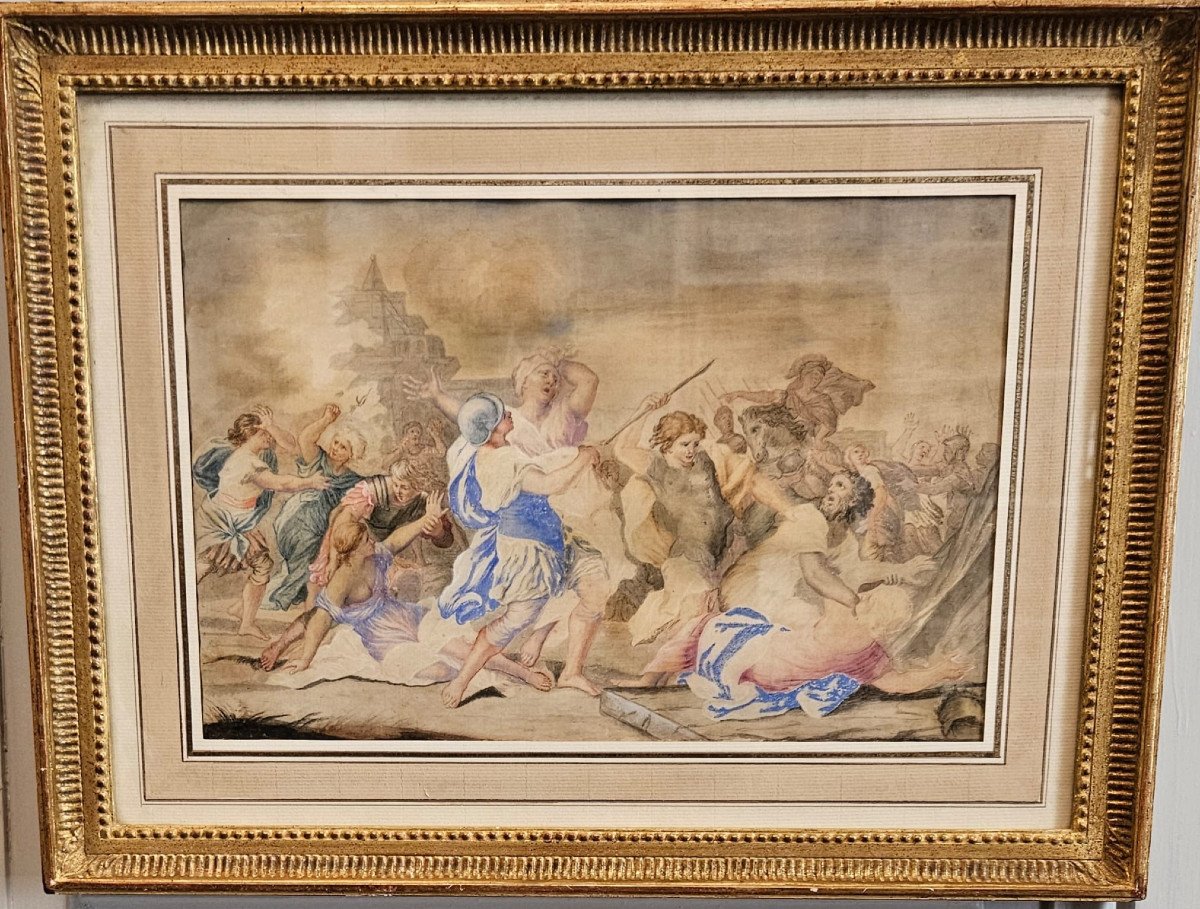 The Kidnapping Of Sabines, Gouache On Silk After Giovanni Francesco Romanelli (1610-1662)-photo-1