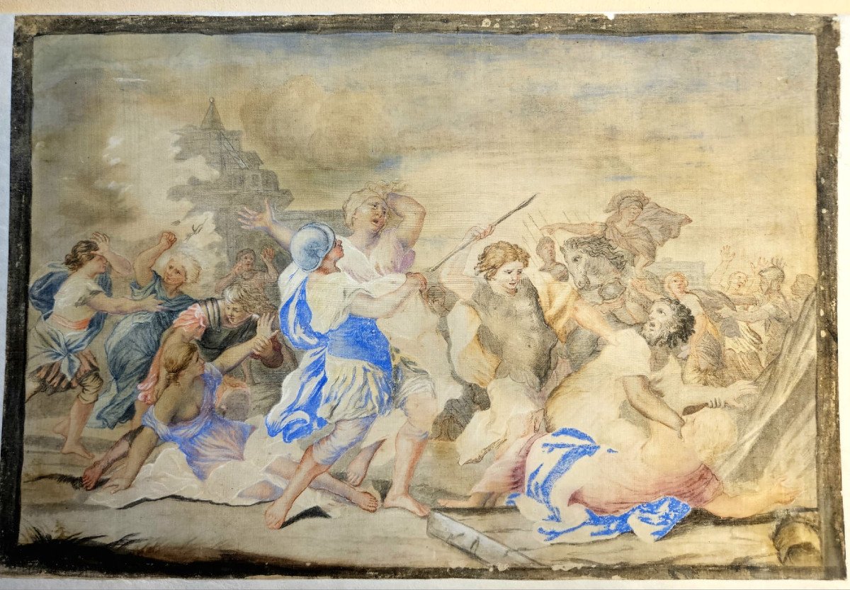 The Kidnapping Of Sabines, Gouache On Silk After Giovanni Francesco Romanelli (1610-1662)