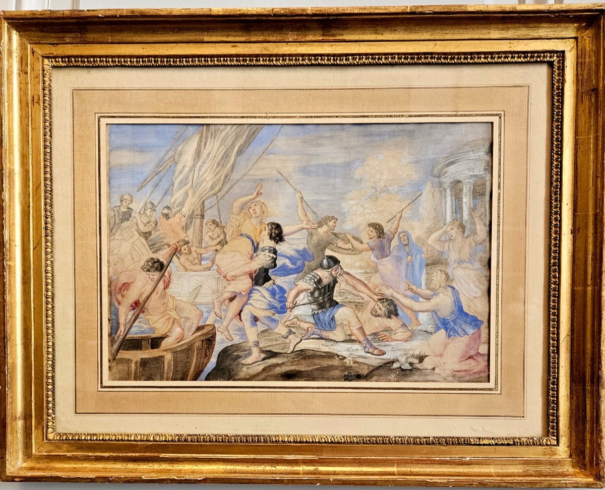 L'enlèvement d'Hélène, gouache sur soie d'après Giovanni Francesco Romanelli, (1610-1662)-photo-1