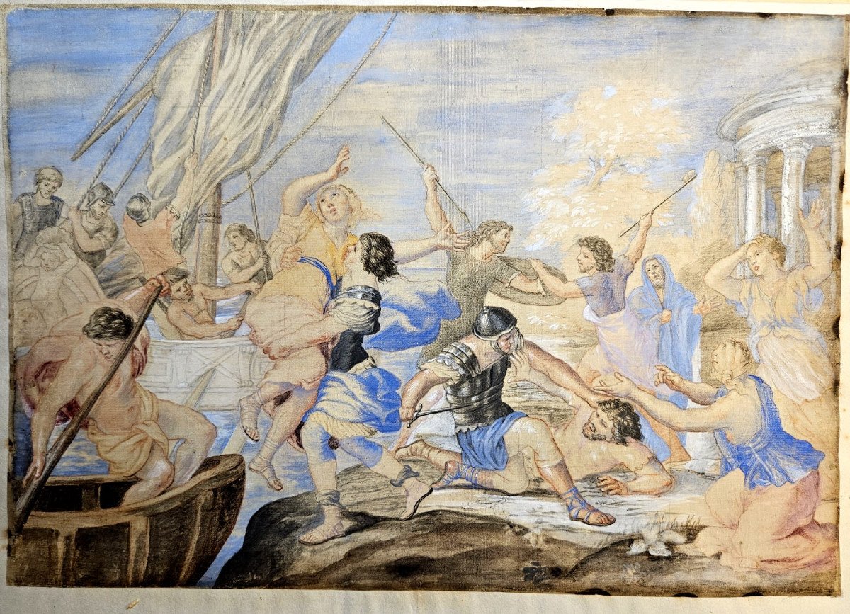 L'enlèvement d'Hélène, gouache sur soie d'après Giovanni Francesco Romanelli, (1610-1662)