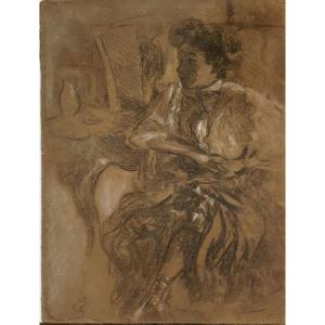 Young Woman Seated In An Interior, Charcoal And Pastel, By Charles Haslewood Shannon