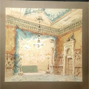 Palace Interior, Theater Decor By Marcel Jambon, Watercolor And Gouache