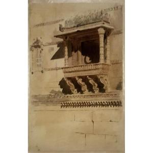 Fenêtre balcon d'une maison du Rajasthan par Marcel Jambon, aquarelle