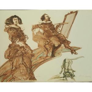 Homage To Velasquez, Lithograph By Claude Weisbuch