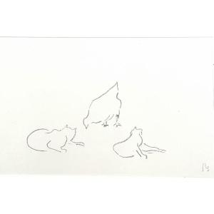 2 Drawings By René Paul Schutzenberger, Cats And Chickens....