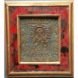 Russian Enameled Bronze Icon Of St Nicholas, 20th Century