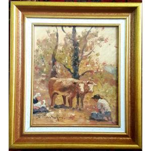 Solange Christauflour, huile sur carton, scène pastorale