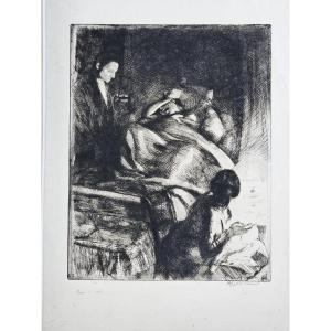 L'accouchement, gravure d'Albert Besnard, 1886