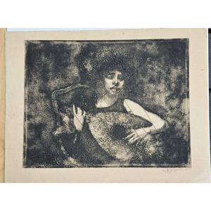 La joueuse de luth, gravure d'Albert Besnard, 1922