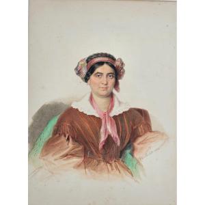 Portrait Of A Woman, Watercolor By Tito Perlotto, 1843