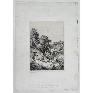 The Sandpit, Original Etching By Eugène Bléry, 1846