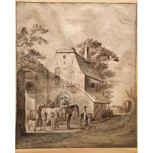 The Stop At The Inn, 18th Century Dutch Drawing