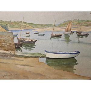 Barques au mouillage dans un port Breton, Georges Grellet, gouache