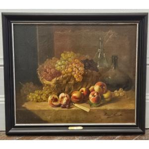 Still Life With Peaches And Grapes, Oil On Canvas By Brunel-neuville