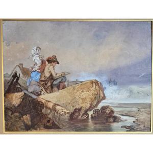 Jeune dessinateur devant la mer, aquarelle de Henri Place