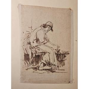 Man Sitting At Work, Ink By Georges Arthur Jacquin