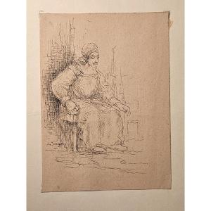 Old Woman Seated, Pen By Georges Jacquin