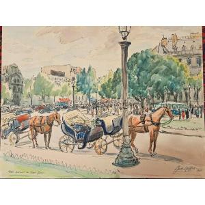 The Champs Elysées Roundabout, Watercolor By Geo-lachaux, 1948