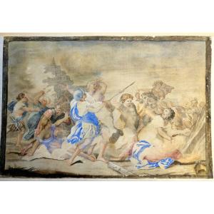 The Kidnapping Of Sabines, Gouache On Silk After Giovanni Francesco Romanelli (1610-1662)