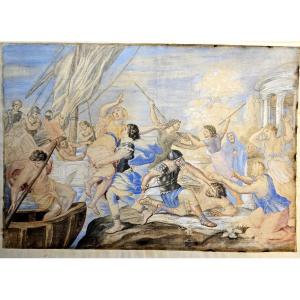 L'enlèvement d'Hélène, gouache sur soie d'après Giovanni Francesco Romanelli, (1610-1662)