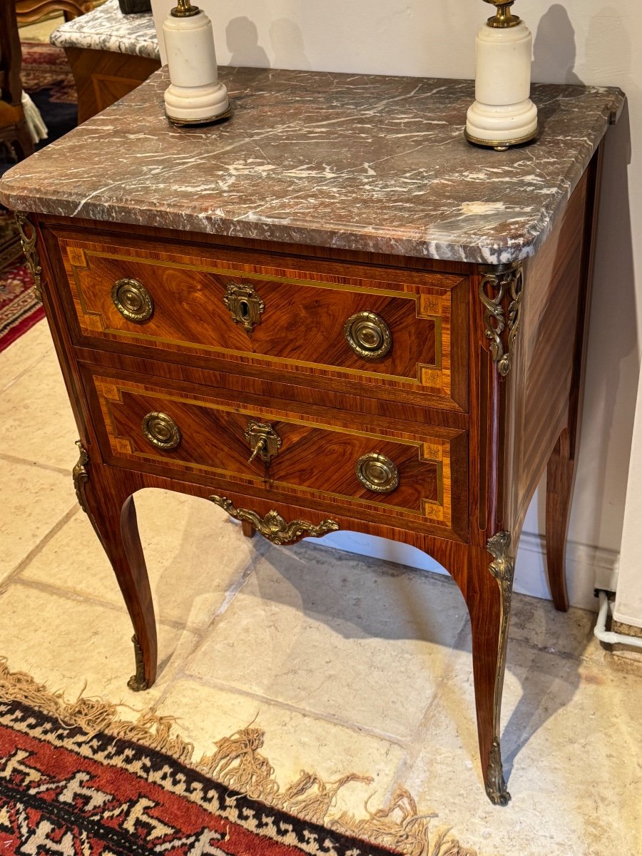 Small Louis XV Louis XVI Marquetry Transition Chest Of Drawers 