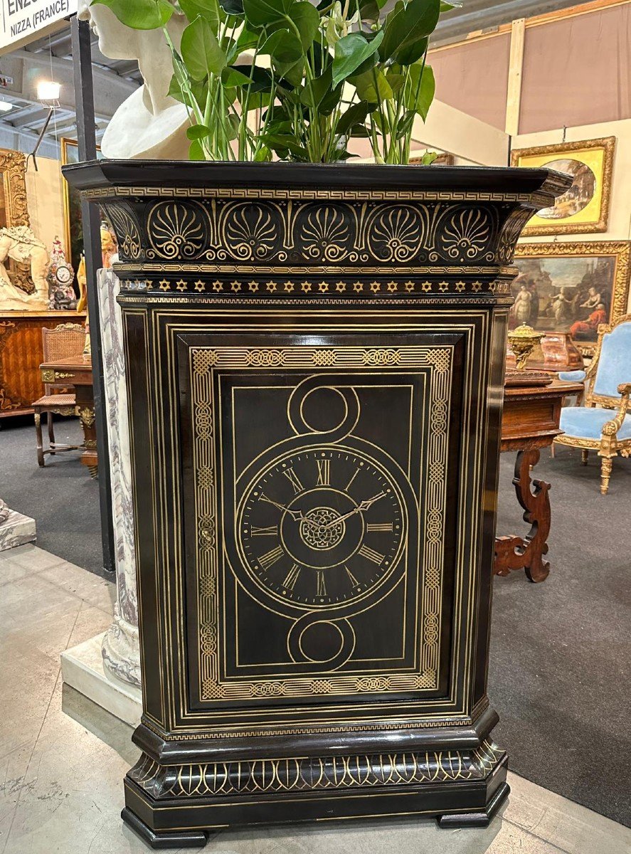 Pair Of Large Corners Forming Planters In Blackened Wood And Golden Brass Nets, 19th Century-photo-3