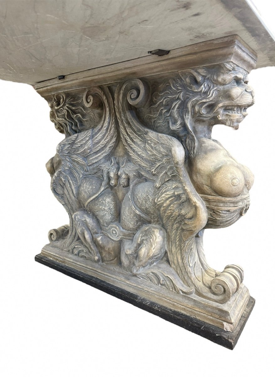 Large Marble And Terracotta Table With “winged Sphinxes” Late 19th Century-photo-1