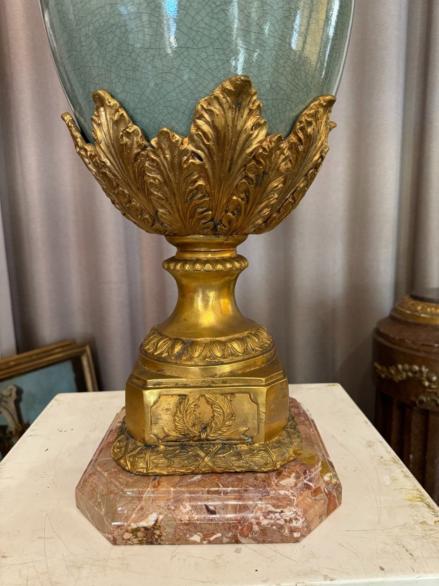 Large Covered Vase In Celadon And Gilt Bronze, Marble Base, 19th Century-photo-4