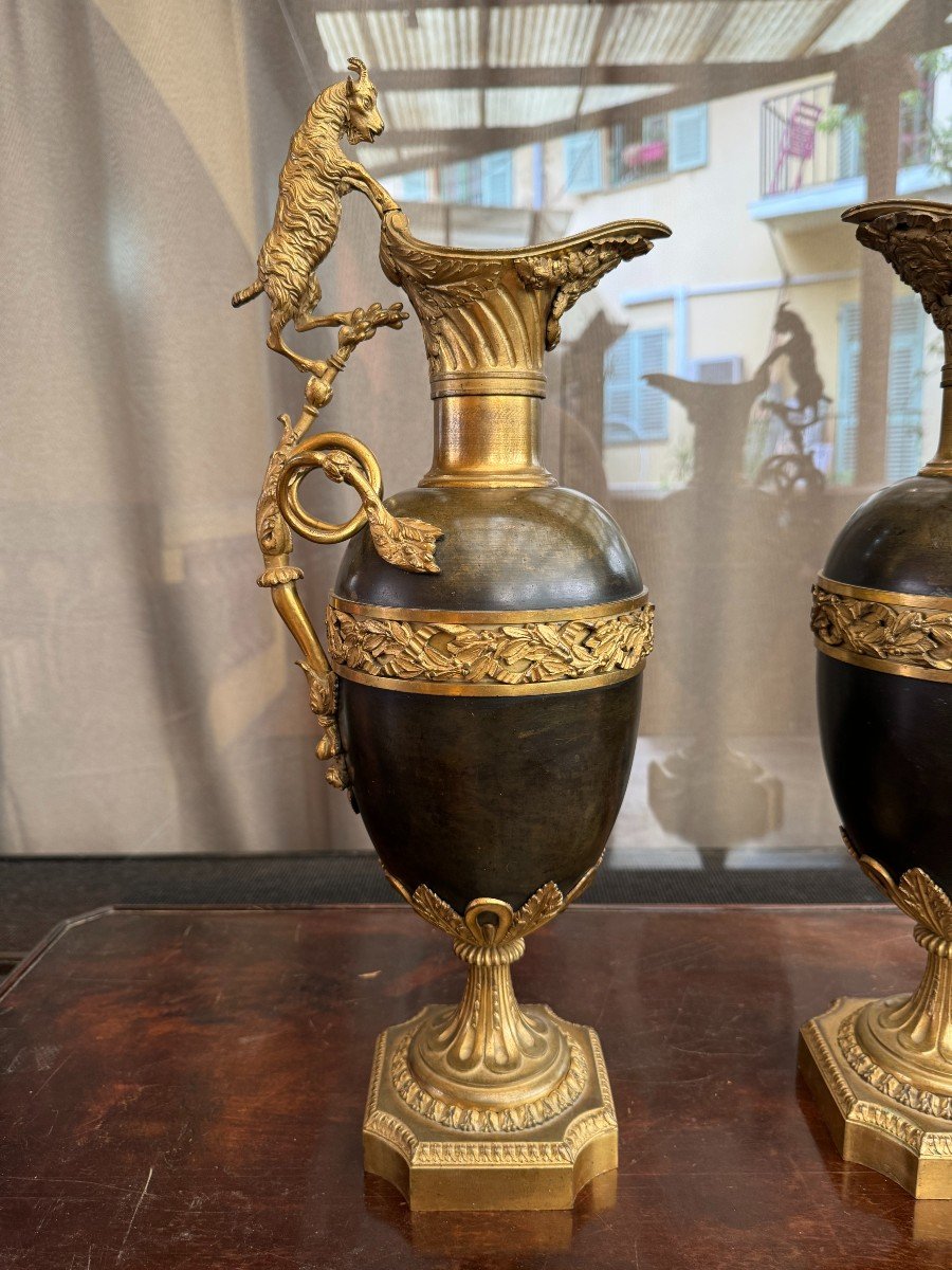 Pair Of Ewers In Patinated And Gilded Bronze, Early 19th Century-photo-1